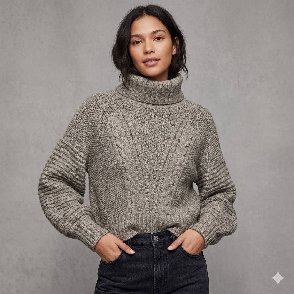 Abercrombie & Fitch Gray Wool Alpaca Blend Cable Knit Turtleneck Sweater Medium